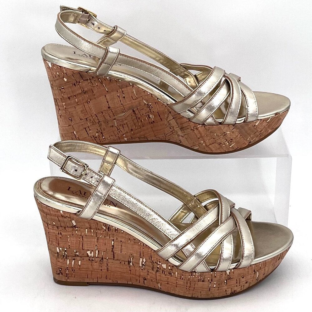 Lauren Ralph Lauren Gold Strappy Cork Wedge Sandals Womens 7.5 Adjustable Strap - Picture 10 of 14